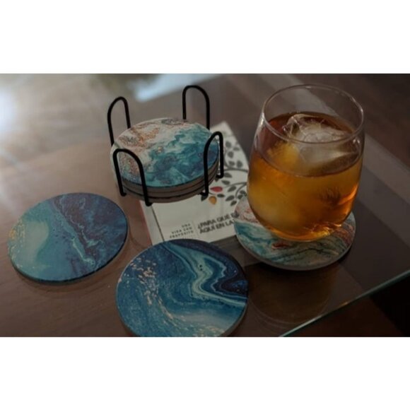 Round Absorbent Ceramic Stone Coasters Set of 6 with with Cork Base - Picture 1 of 2